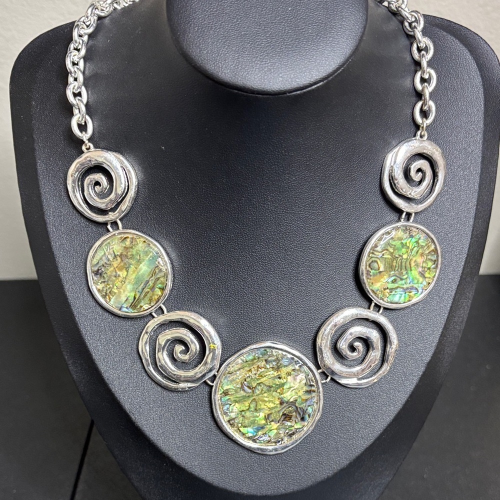 Abalone Silver and Green Swirl Statement Necklace